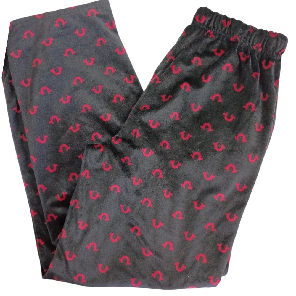 True Religion Mens Velour Pajama Pants Black Red Horseshoe Monogram Large Lounge